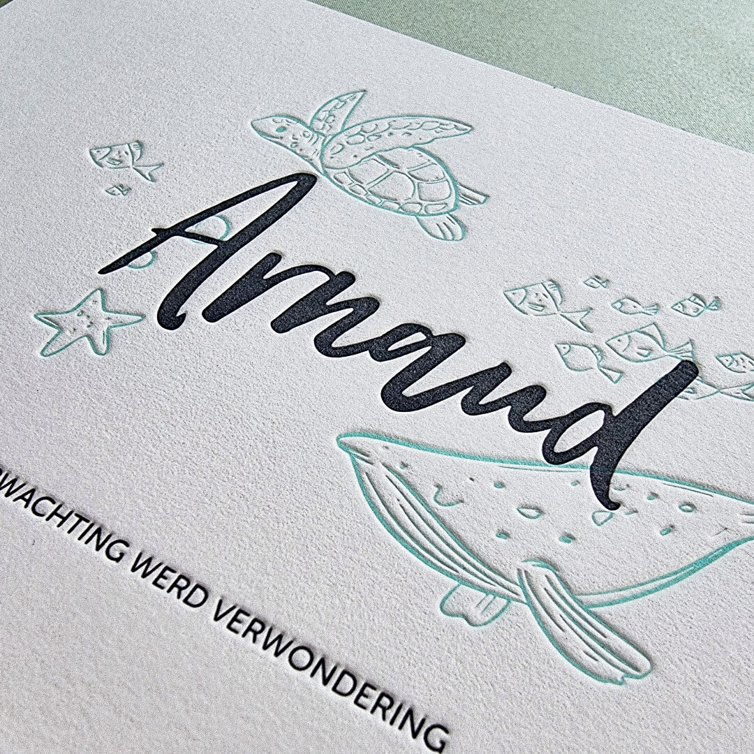 Een letterpress geboortekaart met walvissen en schilpadden